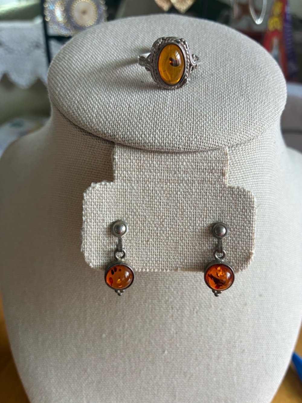 Sterling Silver Vintage Baltic Amber dangle drop earrings and ring set.